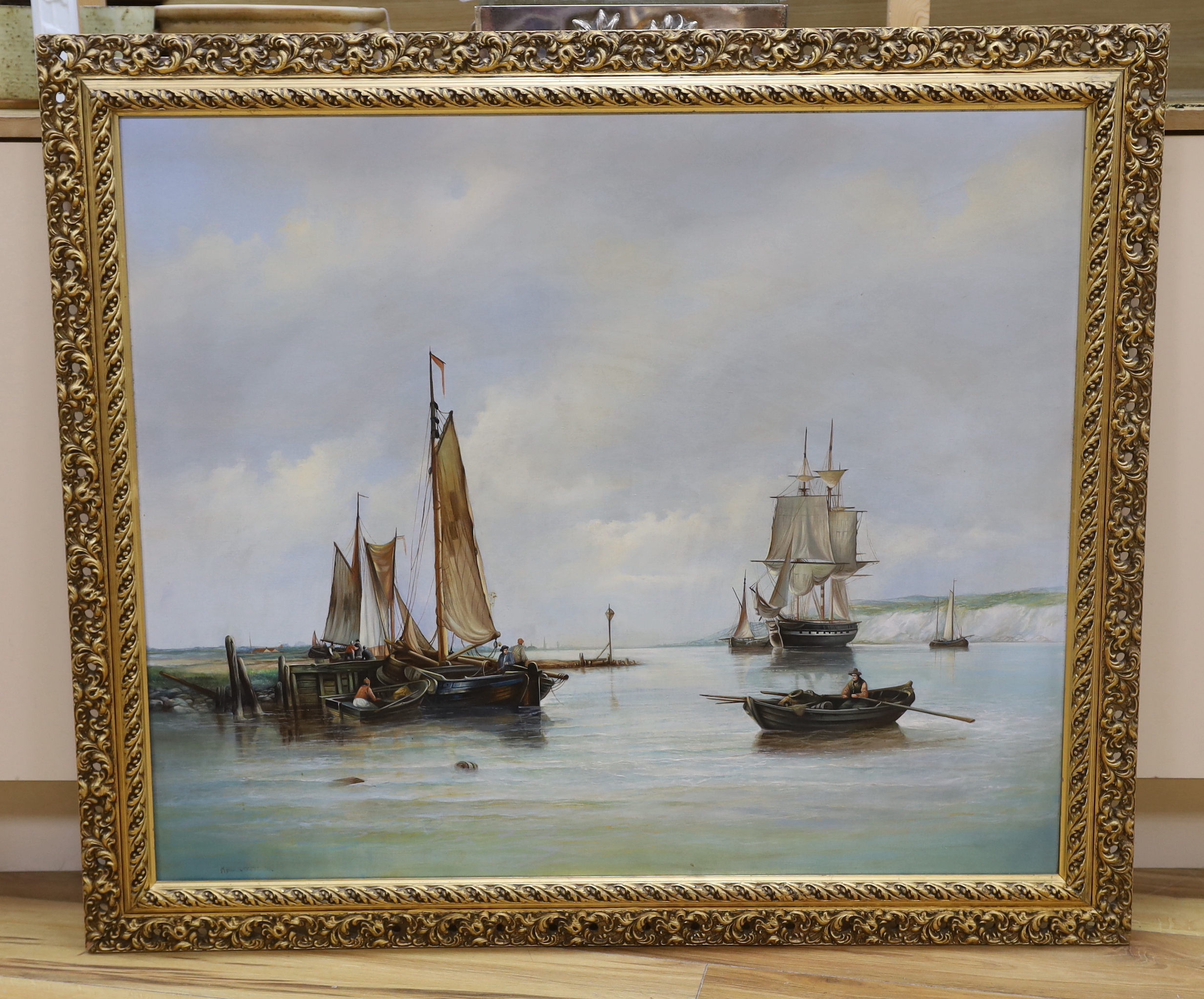 Max Brandrett (b.1948) oil on canvas, Estuary scene with boats and ships, signed, 90 x 75cm